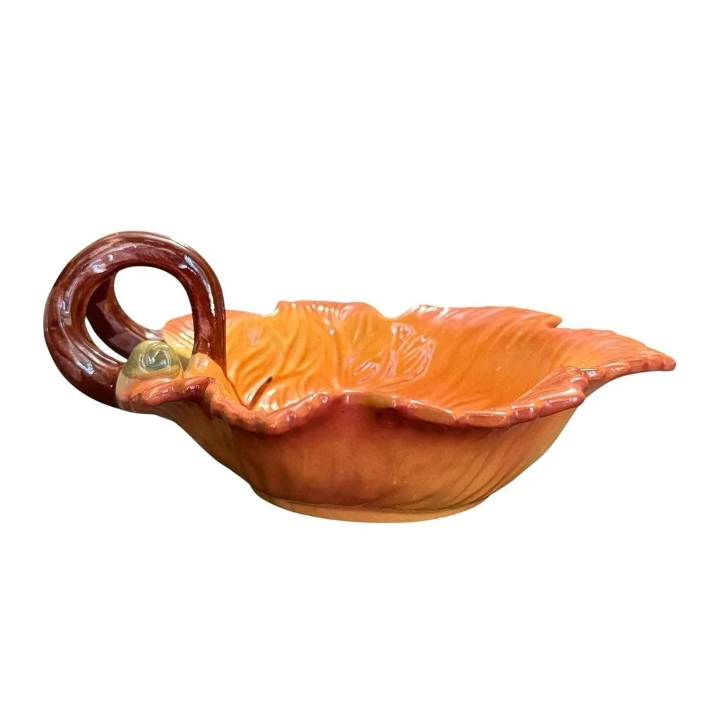 FIGI Autumn Leaf Handled Bowl Candy Nut Dish Fall Thanksgiving Orange Ceramic